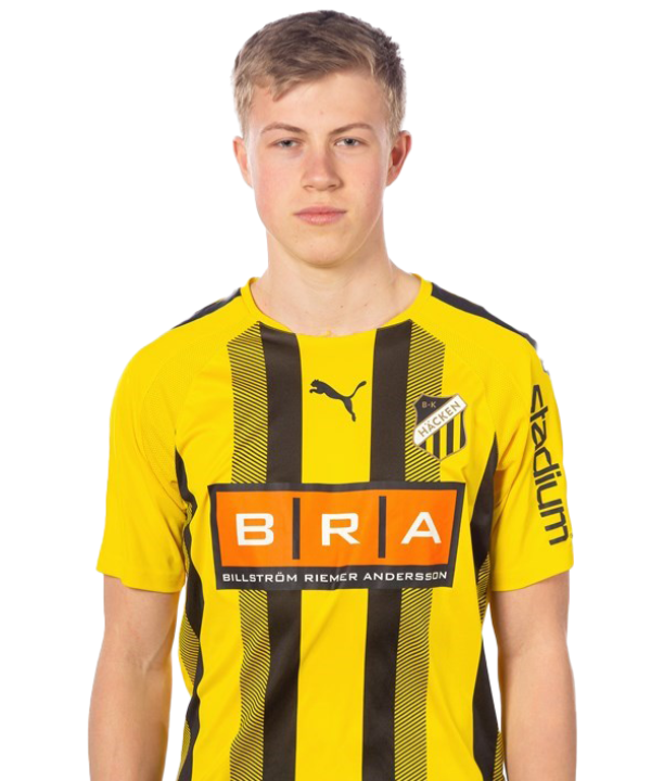 Noah Ek wearing a yellow and black football kit
